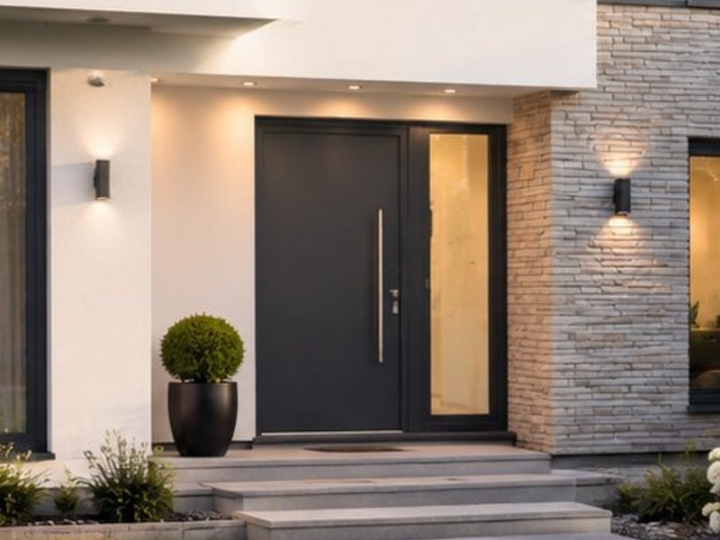 Anthracite aluminium front door with a full-height bar pull and a glazed side light