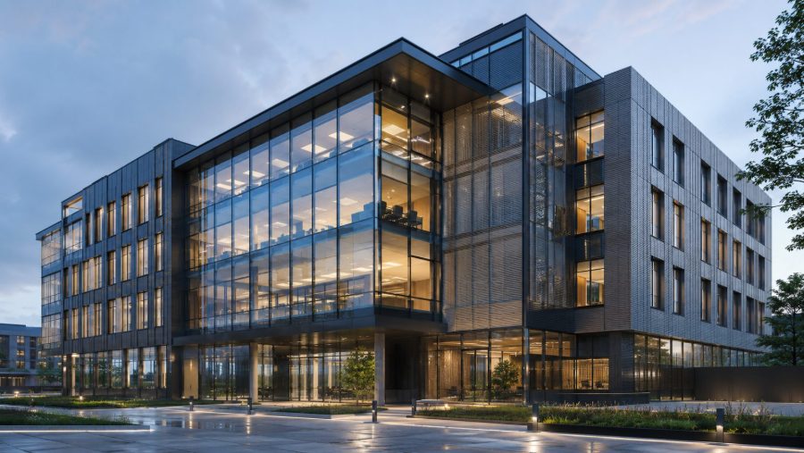 Glazed office façade at dusk