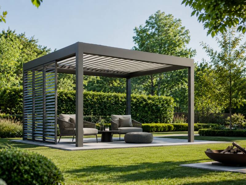 Aluminium pergola with an adjustable louvre roof over a garden terrace