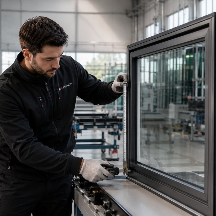 A TERVENOR technician measuring a finished window for quality control