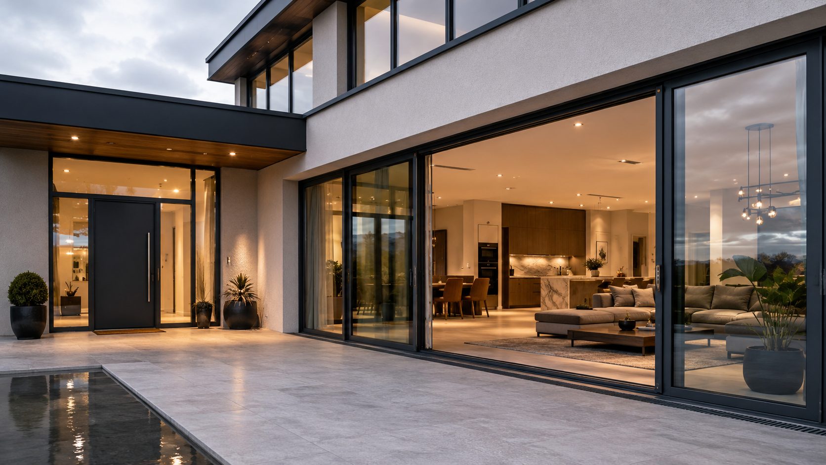 Aluminium sliding doors opening onto a terrace at dusk