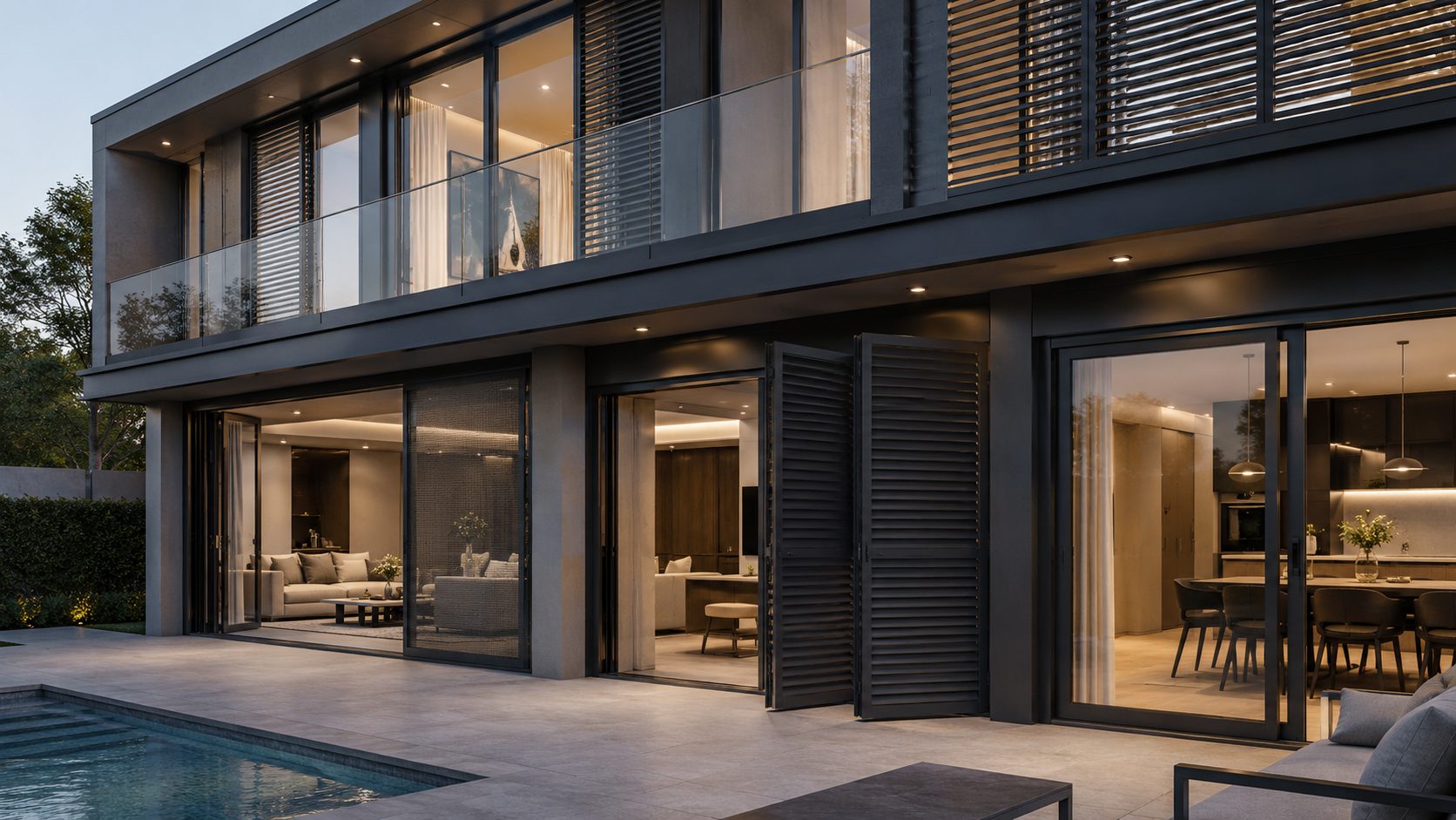External louvres, shading and screens on a villa