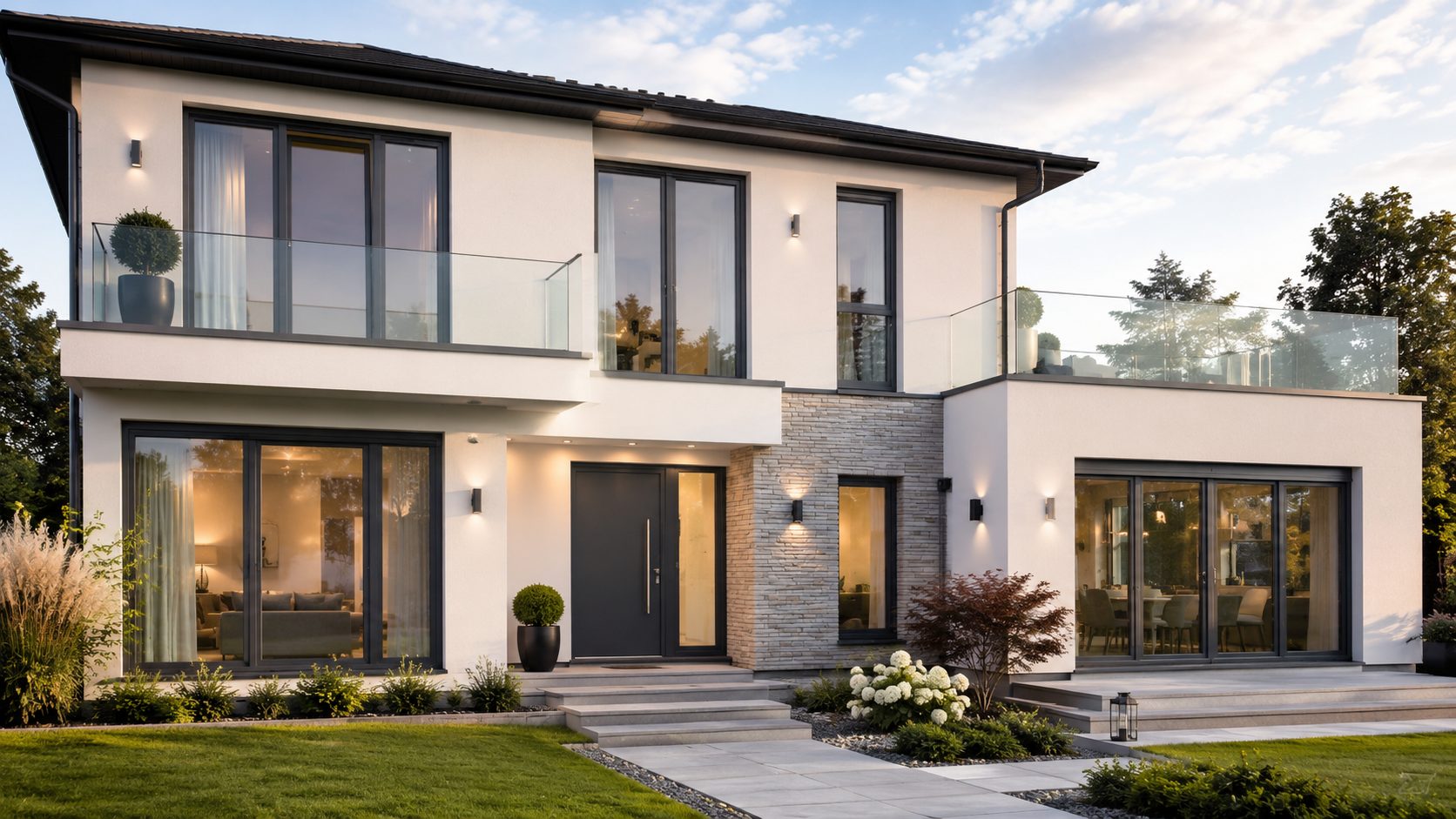 TERVENOR PVC windows on a contemporary house, with a matching aluminium entrance door