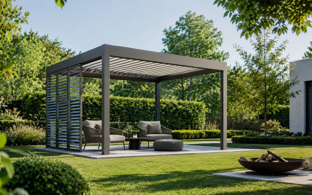 Freestanding bioclimatic pergola with an adjustable aluminium louvre roof and louvred side screen, over a garden terrace